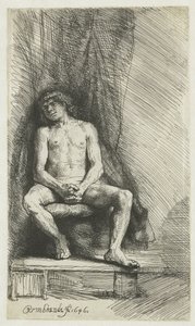 Naken ung man, sittande framför en gardin Naken man som sitter framför en gardin av Rembrandt van Rijn