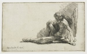 Naken man sittande på marken med ett ben utsträckt av Rembrandt van Rijn