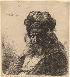 Gammal skäggig man i en hög pälsmössa, med slutna ögon av Rembrandt van Rijn