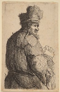 Gammal man sedd bakifrån, i profil åt höger av Rembrandt van Rijn