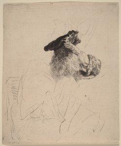 En gammal man som skuggar ögonen med handen av Rembrandt van Rijn