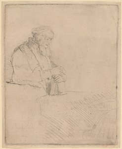 Gammal man i meditation, lutad mot en bok av Rembrandt van Rijn