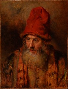 En gammal man med en hög mössa med pälskant av Rembrandt van Rijn