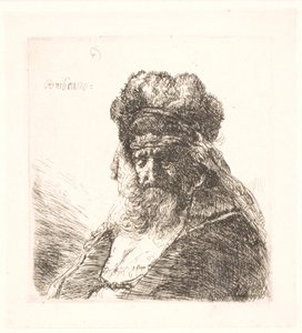 Gammal skäggig man i en hög pälsmössa, med slutna ögon av Rembrandt van Rijn