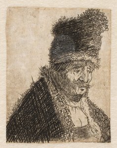 Gammal man i pälsrock och hög mössa: byst av Rembrandt van Rijn