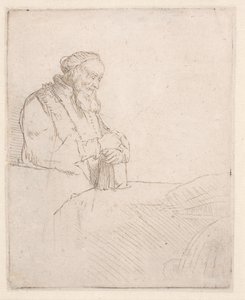 En äldre man som mediterar, lutad mot en bok av Rembrandt van Rijn