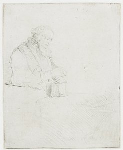 En äldre man som mediterar, lutad mot en bok av Rembrandt van Rijn
