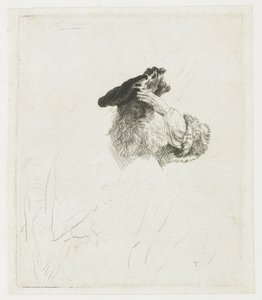 En äldre man som skärmar av solen med handen av Rembrandt van Rijn