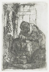 Gammal kvinna med lök, sittande i en stuga av Rembrandt van Rijn