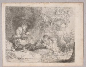 En herde som spelar flöjt (Omvals vy med en herde och en flöjtspelare) av Rembrandt van Rijn