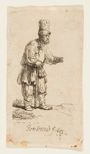 Bonde i hög mössa, stående lutad på en pinne av Rembrandt van Rijn