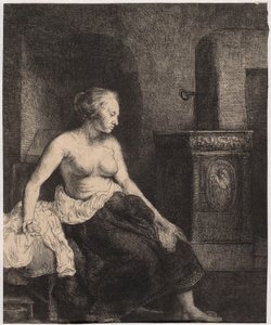 En halvnaken kvinna som sitter vid kaminen av Rembrandt van Rijn