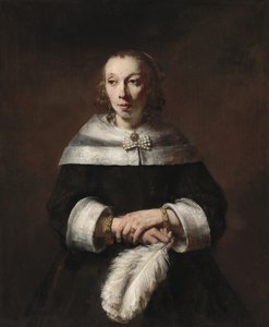 Porträtt av en kvinna med en strutsfjäderfläkt av Rembrandt van Rijn