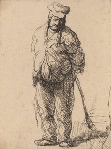 Trasig bonde med händerna bakom sig, håller en pinne, ca. 1630. av Rembrandt van Rijn