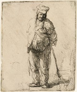 Trasig bonde med händerna bakom sig, håller en pinne, c.1630. av Rembrandt van Rijn