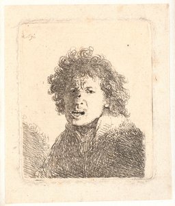Rembrandt barhuvad och öppen mun, som om han ropade: byst av Rembrandt van Rijn