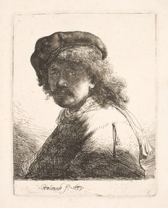 Rembrandt med mössa och halsduk: ansiktet i skugga: byst av Rembrandt van Rijn