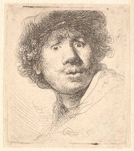 Rembrandt i keps, öppen mun och stirrande: byst i kontur av Rembrandt van Rijn