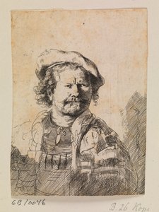 Rembrandt i en platt keps och en broderad klänning av Rembrandt van Rijn
