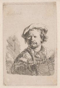 Rembrandt i platt keps med en sjal om axlarna av Rembrandt van Rijn