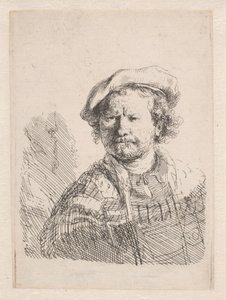 Rembrandt i platt keps med en sjal om axlarna av Rembrandt van Rijn