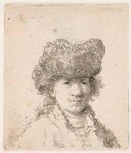 Rembrandt i pälsmössa: klädseln, ljuset: byst av Rembrandt van Rijn