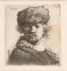 Rembrandt i en tjock pälsmössa: framifrån: bröstbild av Rembrandt van Rijn