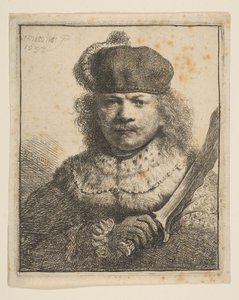 Rembrandt med upphöjd sabel, 1634. av Rembrandt van Rijn