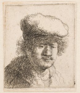 Rembrandt med kepsen dragen framåt: byst av Rembrandt van Rijn