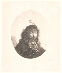 Rembrandt med fjäderprydd mössa och sänkt sabel: trekvartsprofil; därefter byst i oval av Rembrandt van Rijn