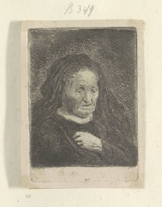 Rembrandts mamma med handen på bröstet: liten byst Recueil de quatre-vingt-cinq estampes originales (serietitel) av Rembrandt van Rijn