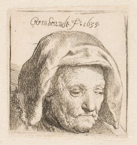Rembrandts mor med en huvudbonad av tyg, blickar nedåt: endast huvudet av Rembrandt van Rijn