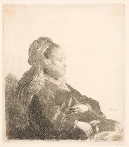 Rembrandts mamma sitter vänd mot höger, i en orientalisk huvudbonad: halvlång, visar händerna av Rembrandt van Rijn