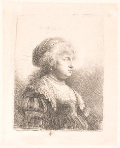 Rembrandts hustru Saskia, med pärlor i håret, byst av Rembrandt van Rijn