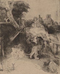 Saint Jerome läser i ett italienskt landskap, ca. 1653. av Rembrandt van Rijn