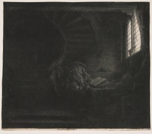 Sankt Hieronymus i ett mörkt rum av Rembrandt van Rijn