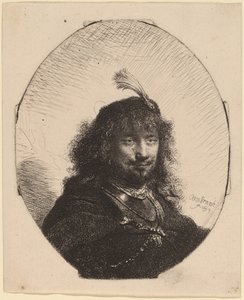 Självporträtt (?) med plymmössa och sänkt sabel av Rembrandt van Rijn