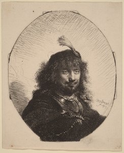 Självporträtt () med fjäderprydd mössa och sänkt sabel av Rembrandt van Rijn