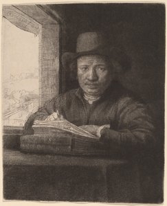 Självporträttteckning vid ett fönster av Rembrandt van Rijn