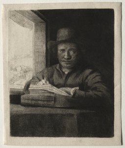 Självporträttteckning vid ett fönster av Rembrandt van Rijn
