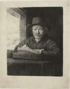 Självporträtt Etsning vid ett fönster av Rembrandt van Rijn