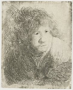 Självporträtt, framåtlutad, lyssnande, 1628. av Rembrandt van Rijn