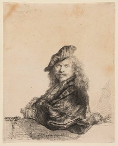 Självporträtt lutad på en stentröskel av Rembrandt van Rijn