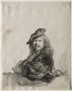 Självporträtt lutad på en stentröskel av Rembrandt van Rijn
