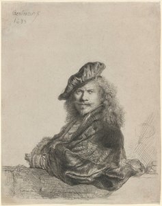 Självporträtt lutad mot en stenfönsterbräda av Rembrandt van Rijn
