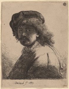 Självporträtt i keps och halsduk med ansiktet mörkt av Rembrandt van Rijn