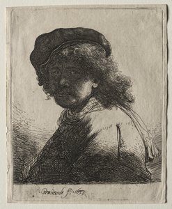 Självporträtt i keps och halsduk med ansiktet mörkt: byst av Rembrandt van Rijn