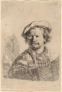 Självporträtt i platt mössa och broderad klänning av Rembrandt van Rijn