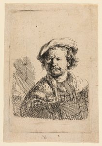 Självporträtt i platt mössa och broderad klänning av Rembrandt van Rijn