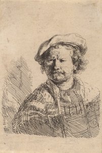 Självporträtt i platt mössa och broderad klänning, ca. 1642. av Rembrandt van Rijn